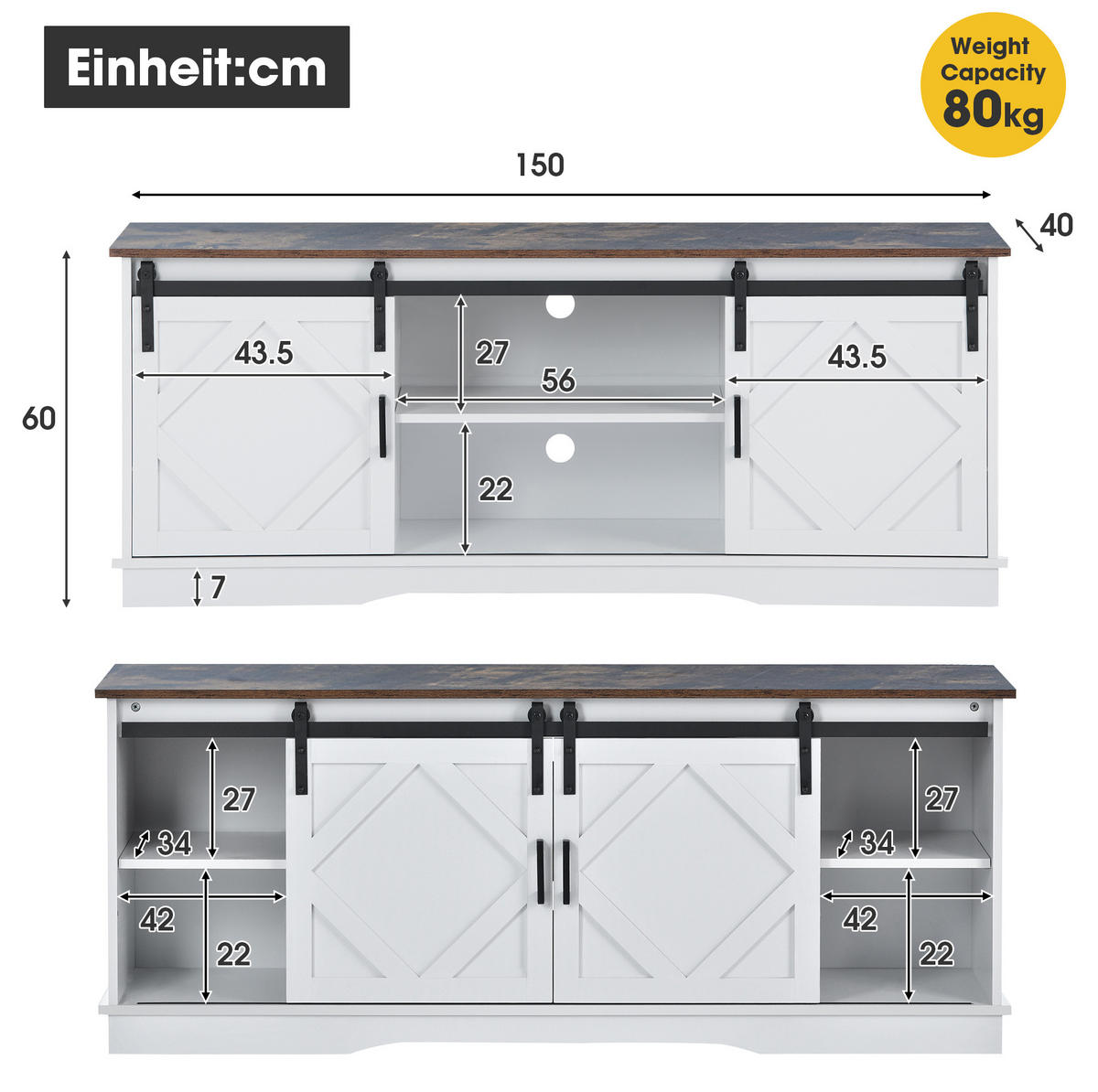 LOWBOARD 150/40/60 cm in Weiß/Braun aus Spanplatte mit Schiebetüren und verstellbaren Regalen - Weiß, Holzwerkstoff (40/60/150cm) - OKMYHOME