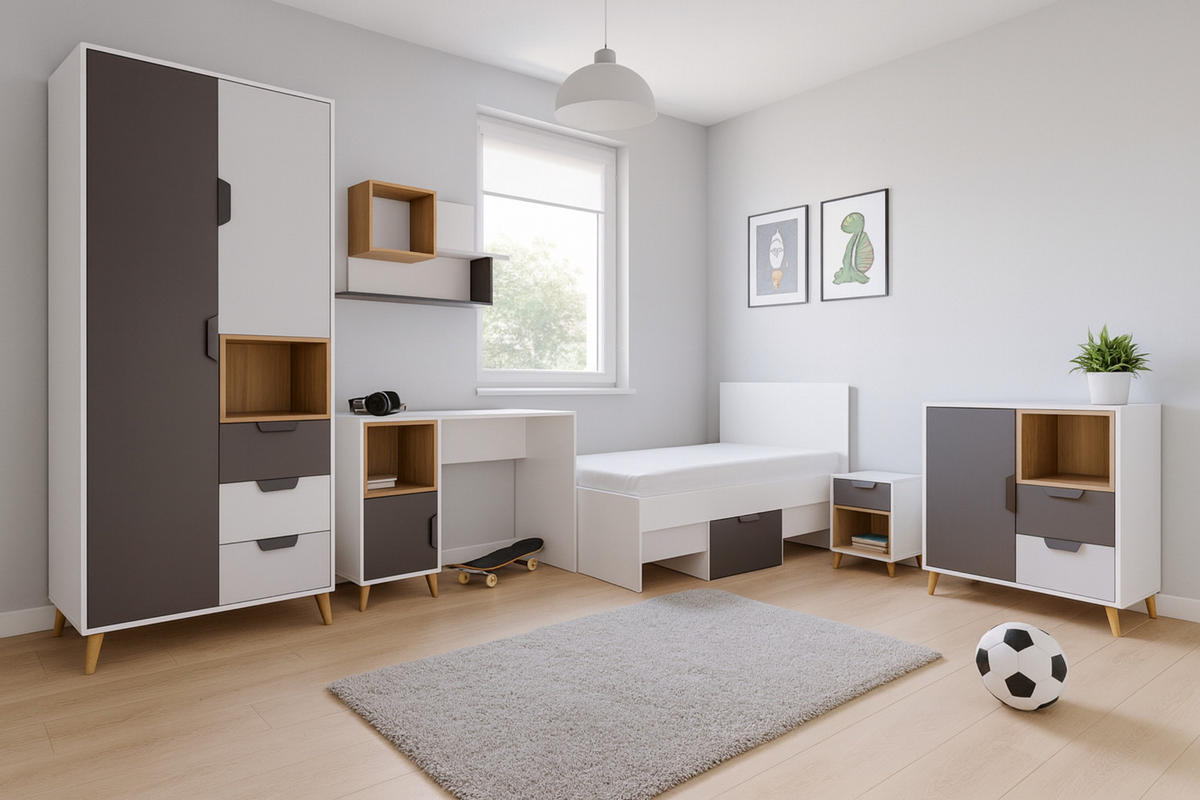 KINDERKOMMODE JUSTIN 09 80 cm breit in Weiß / Graphit / Grau / Eiche - Eichefarben/Graphitfarben, Holzwerkstoff (80/84/40cm) - Deine Möbel 24