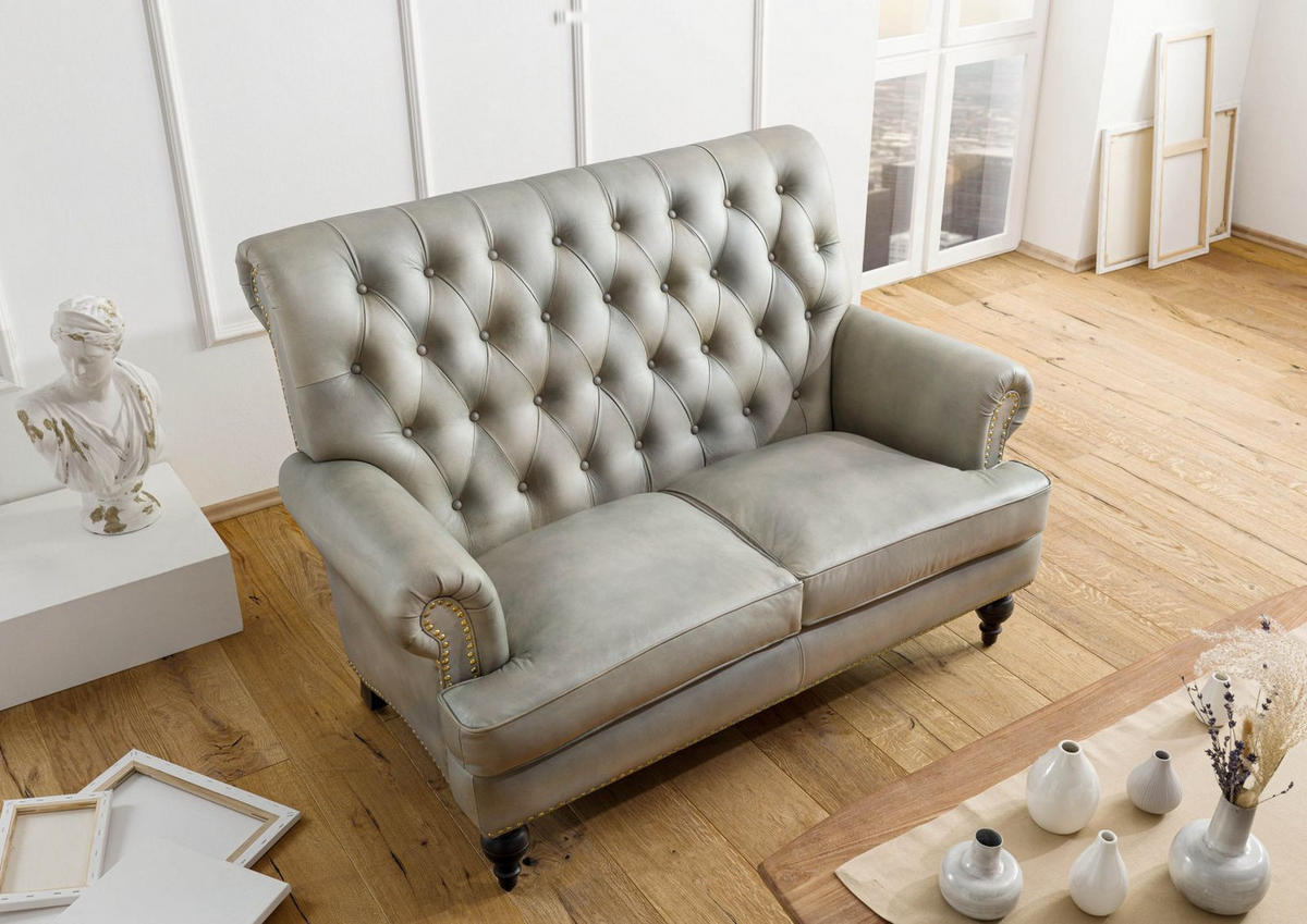 SOFA 2-Sitzer Echtleder 140x84x94 grau CHESTERFIELD #206 - Grau, Leder (140/94/84cm) - Massivmoebel24