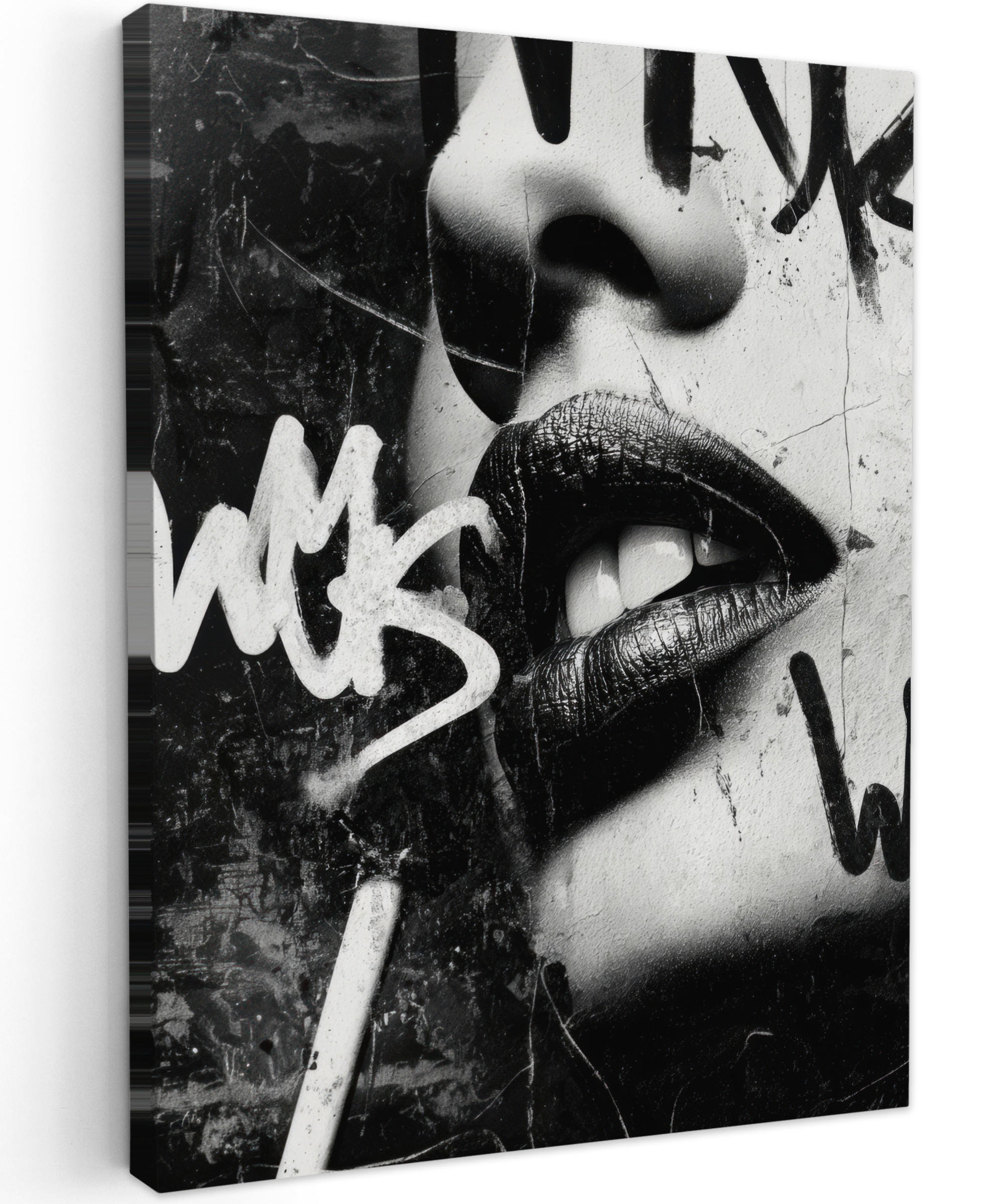 LEINWANDBILD Gesicht - Mund - Graffiti - Schwarz Room Decor 30x40 cm - Schwarz, Textil (30/40cm) - MuchoWow