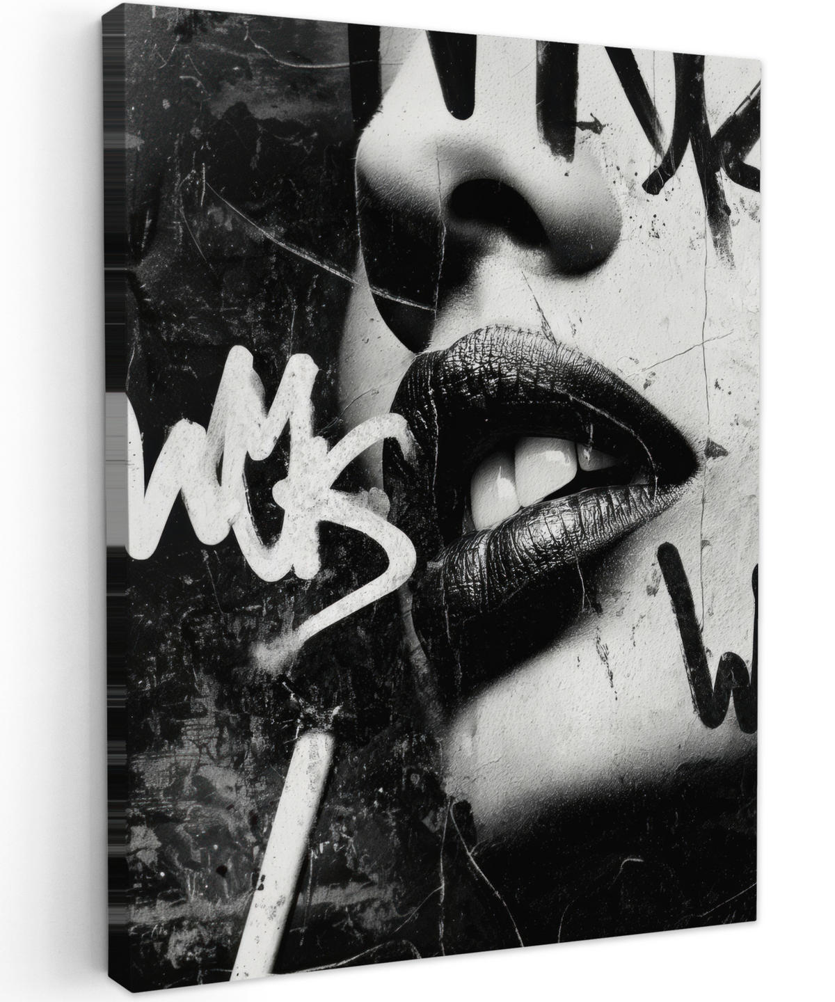 LEINWANDBILD Gesicht - Mund - Graffiti - Schwarz Room Decor 30x40 cm - Schwarz, Textil (30/40cm) - MuchoWow