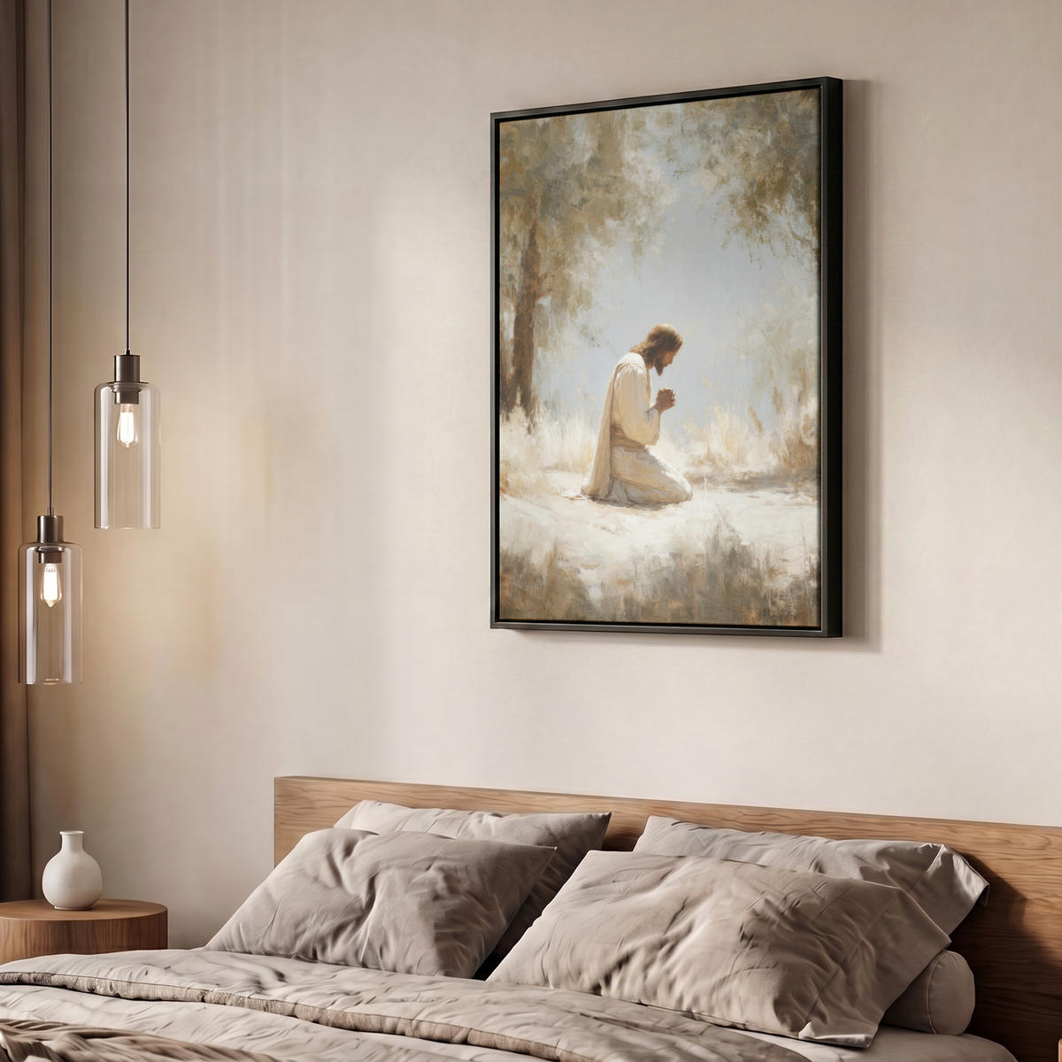 LEINWAND Bilder mit Rahmen - Jesus - Kniend - Waldlandschaft - Betend - 50x70 - Beige, Textil (50/70cm) - MuchoWow