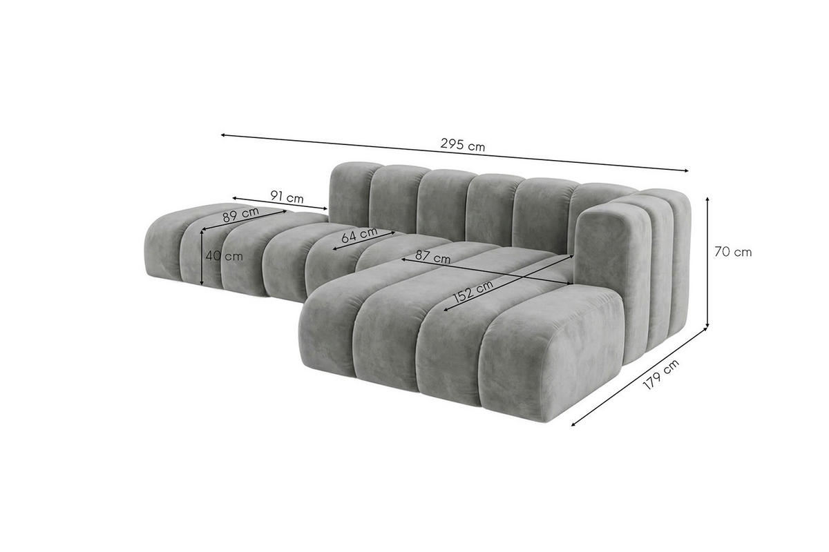 ECKSOFA Modulares In L-Form Mit Hocker, Velvet-Stoff Riviera, Grau, Rechts, GRAND Mini - Grau, Holz (295/179cm) - Kaiser Möbel