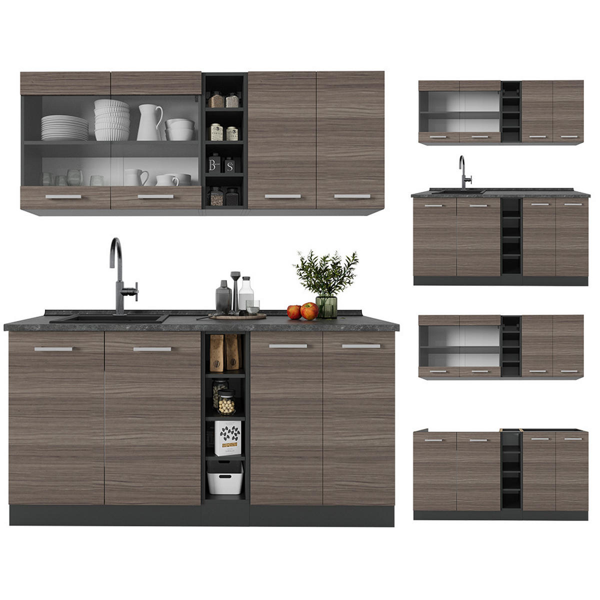SINGLEKÜCHE R-Line Edelgrau/Anthrazit 160 cm ohne Arbeitsplatte - Anthrazit/Braun, Holzwerkstoff (160/81.6/46cm) - Vicco