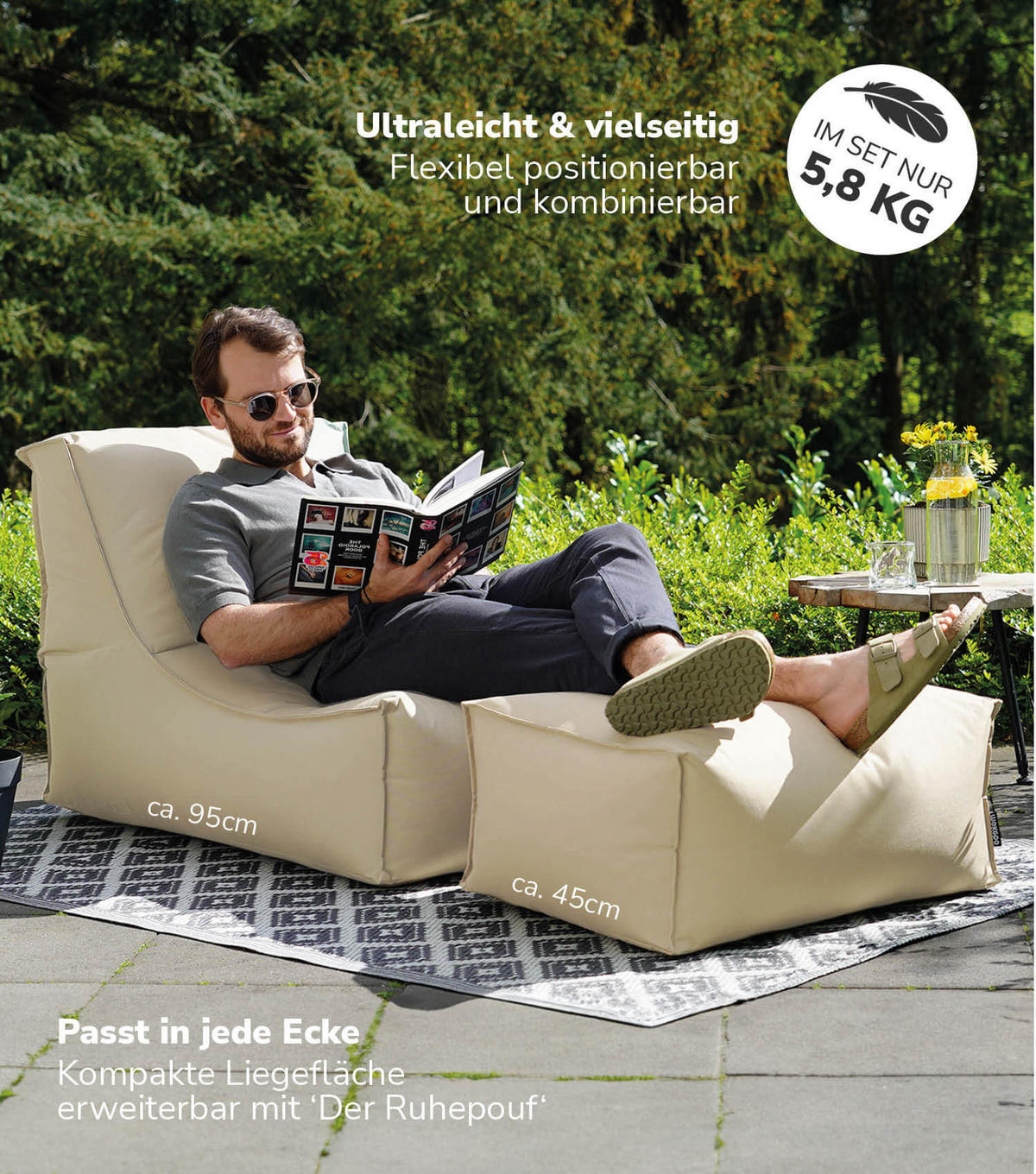 SITZSACK mit Hocker Der Sundowner - Beige, Textil (60/65/140cm) - Mokebo