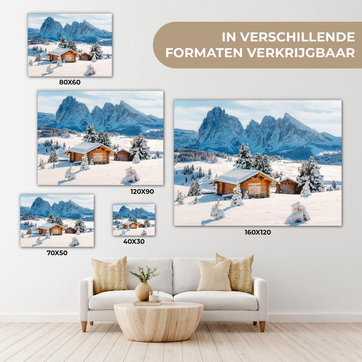 LEINWANDBILD Winter - Hütte - Berge - Aussicht - Schnee Wandbild 40x30 cm - Eichefarben, Textil (40/30cm) - MuchoWow