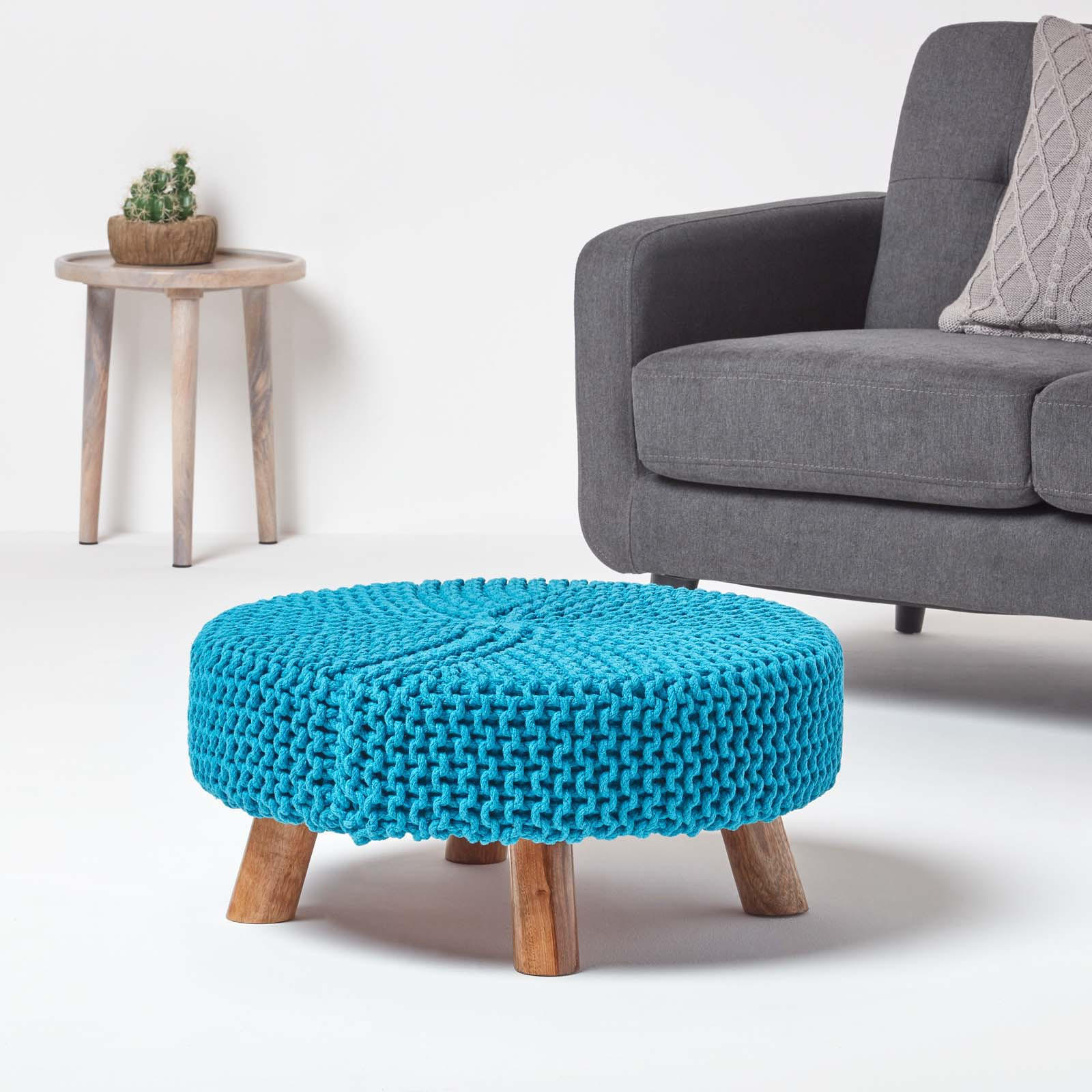 STRICK-HOCKER türkis, rund 62/62/30 cm - Türkis, Textil (62/30/62cm) - Homescapes