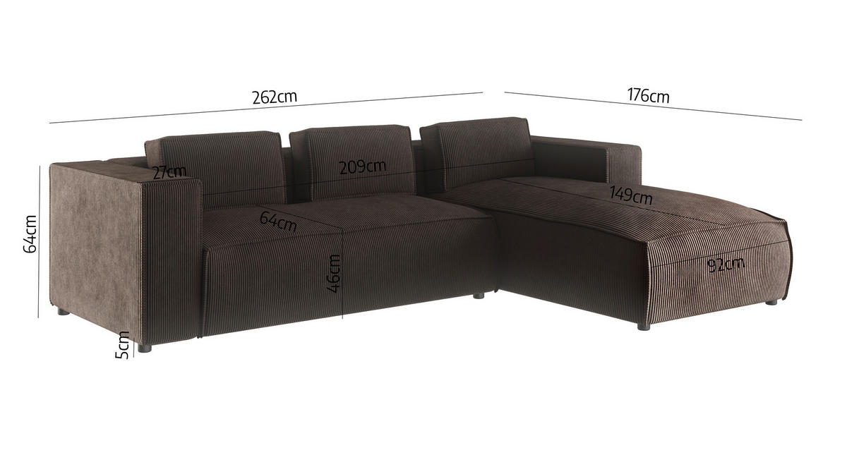 ECKSOFA Nova Dunkelbraun Cord, Ottomane rechts - Dunkelbraun/Schwarz, Holz/Kunststoff (262/176cm) - S-Style Möbel