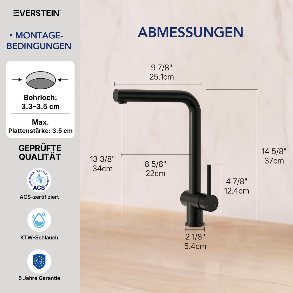 KÜCHENARMATUR Schwarz Matt, 360° drehbar, Einhebelmischer, L-Form - Schwarz, Metall (5.4/37/25.1cm) - Everstein