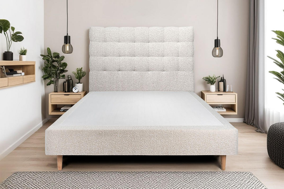 KOPFTEIL gepolstert - Gesteppt – hellbeiger Bouclé-Stoff - 180 cm - Beige, Holz (180/120/10cm) - Sommeil de Plomb