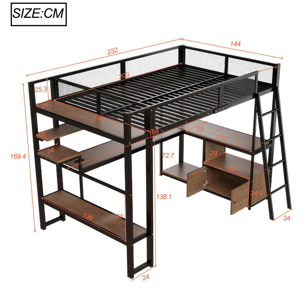 HOCHBETT 140/200 cm Schwarz mit LED, Schreibtisch und Stauraum - Schwarz, Metall (140/200cm) - MIVRAY