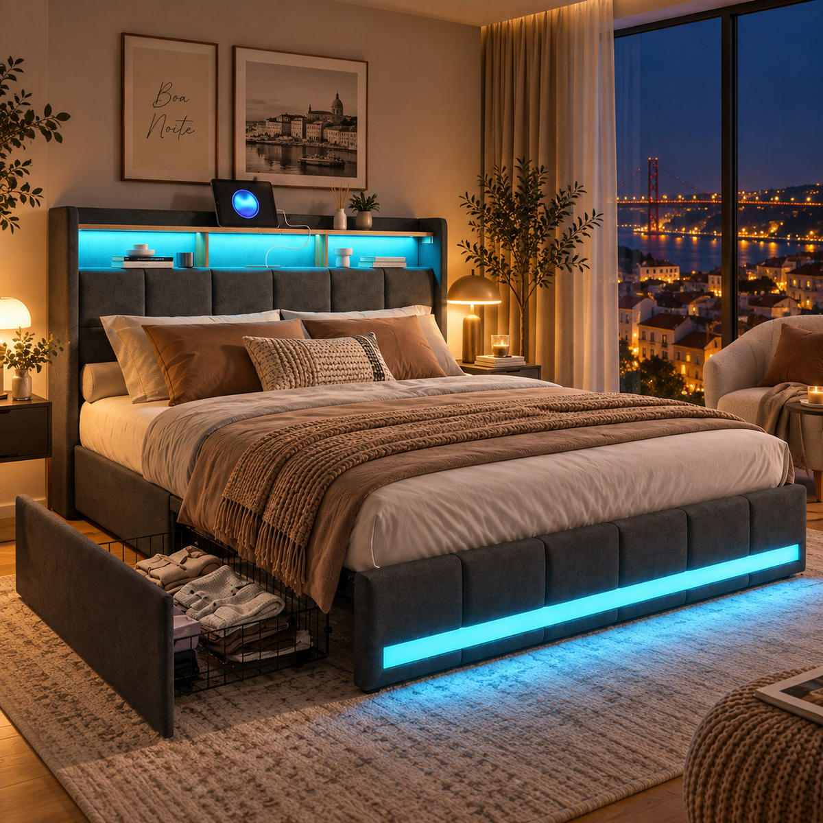 POLSTERBETT,DOPPELBETT 180/200 mit Schubladen und LED&Ladefunktion - Grau, Holz/Textil (180/200cm) - PARAFTA HOME