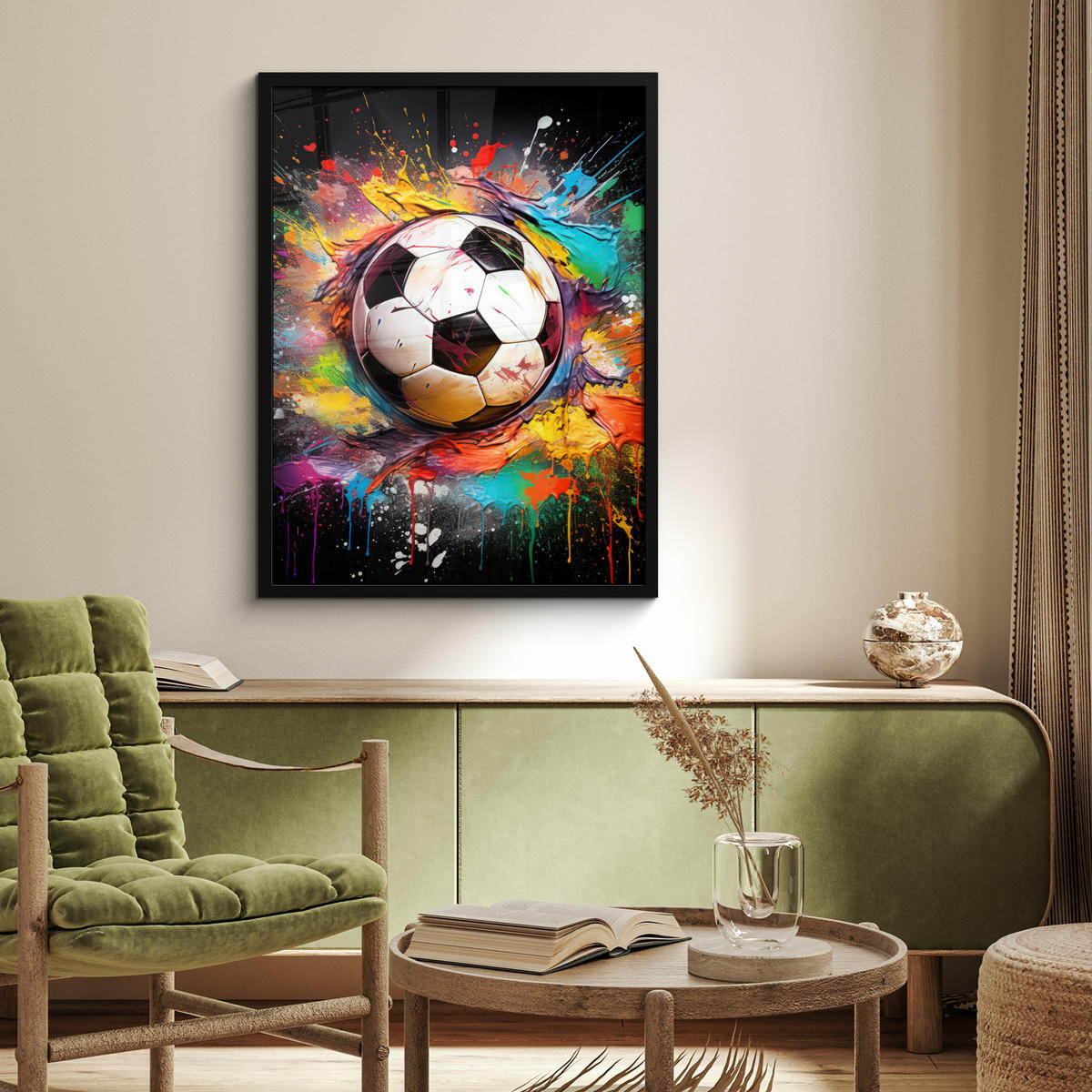 GERAHMTES BILD Fußball - Farbe - Farben - Schwarz - Weiß 60x80 cm - Weiß, Papier (60/80cm) - MuchoWow