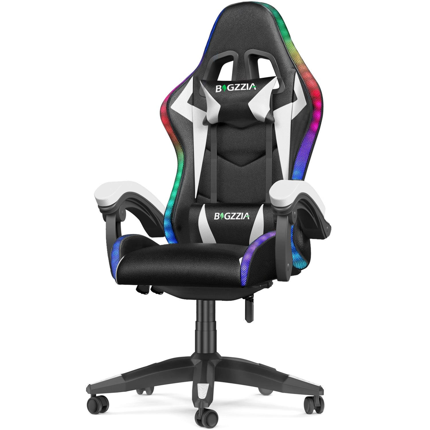 GAMING-STUHL LED, höhenverstellbar, Lenden- & Kopfstütze – Schwarz/Weiß - Weiß, Leder (53.5/117/54cm) - Rattantree