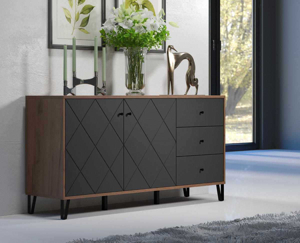 SIDEBOARD Graphite grau, Eiche Kraft Gold 183 x 76 cm, Kommode mit Soft-Close - Eichefarben/Schwarz, Holzwerkstoff/Kunststoff (183/76/40cm) - Top.Furn