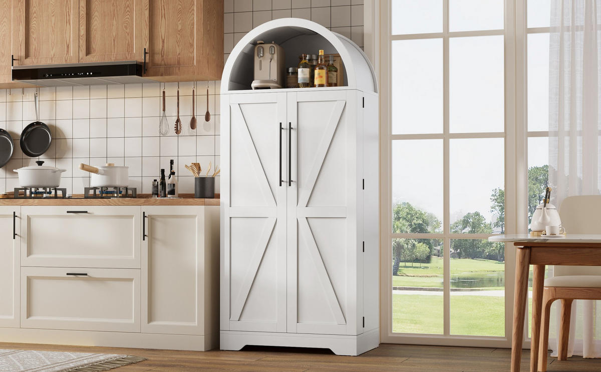 MEHRZWECKSCHRANK mit Bogendesign (mit Landhausstil, 3 Böden & 5 Ablagen) Weiß 40/70/165cm - Weiß, Holzwerkstoff (70/165/40cm) - EVRYAE