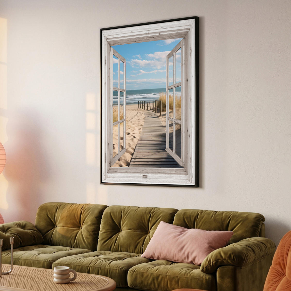 LEINWAND Bilder mit Rahmen - Fenster - Meer - Küste - Natur - Ausblick - Strand - Wattenmeer - 100x150 - Beige, Textil (100/150cm) - MuchoWow