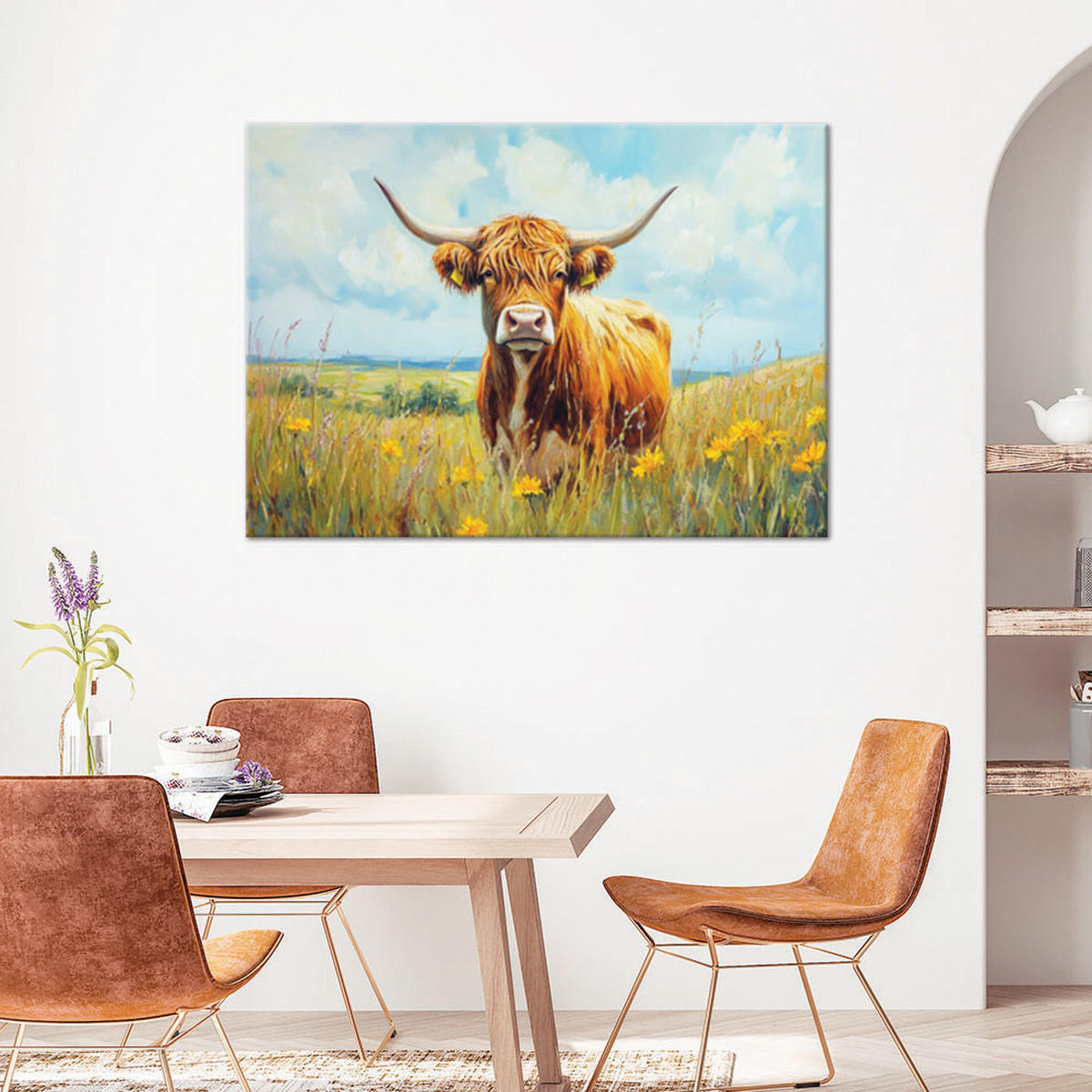 WANDBILD schottische kuhrasse highland meadow flowers - Grün, Textil (60/40cm) - Feeby