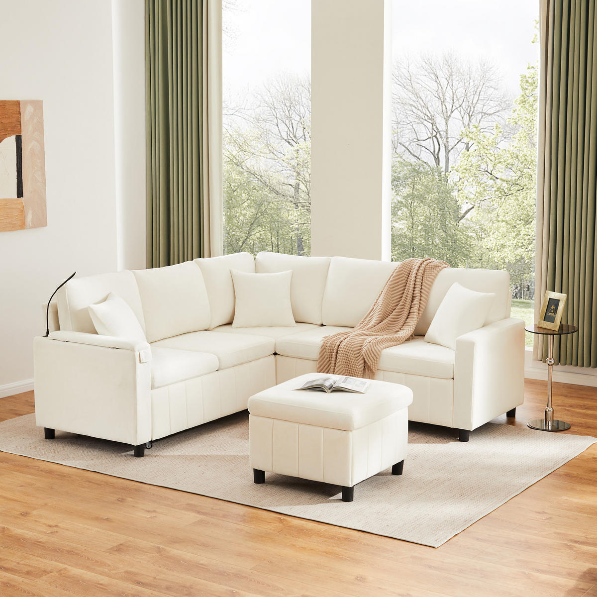 SOFA Beige Ecksofa Chenille USB Schlaffunktion Couchtisch 205cm - Beige, Textil (205/85/205cm) - FLIEKS