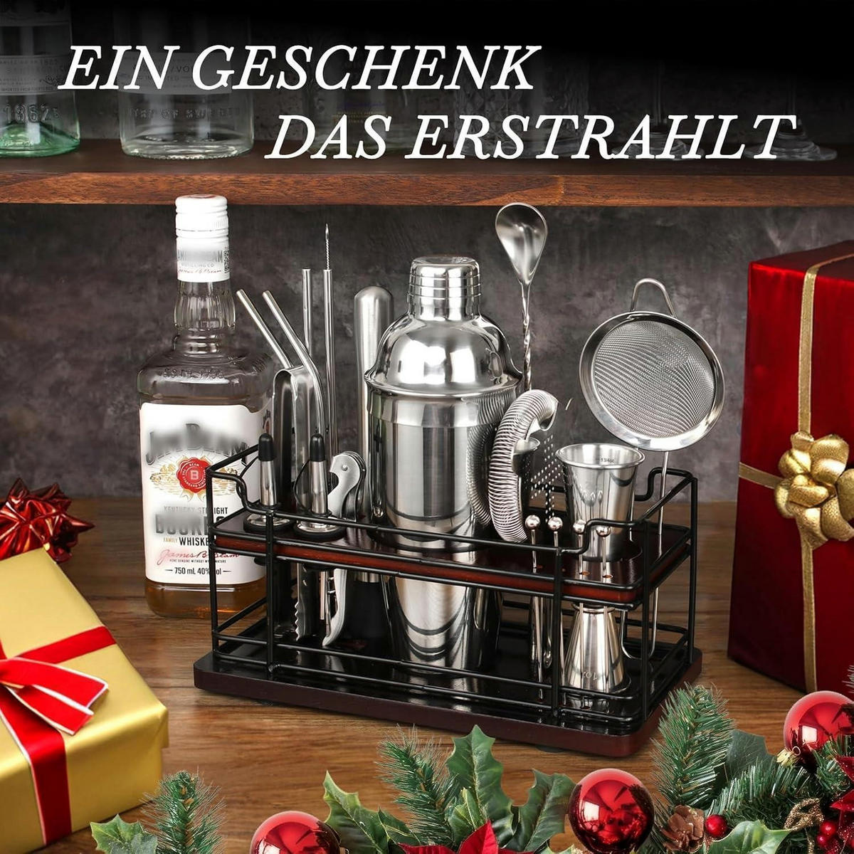 COCKTAIL Shaker Set 20-teilig Edelstahl 750 ml mit Ständer - Silberfarben, Metall (25/15/30cm)