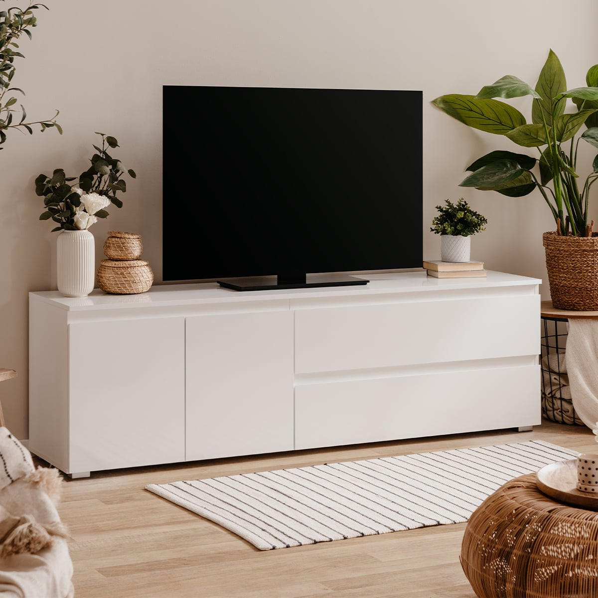 TV-MÖBEL mit 2 Türen, 1 Regalboden und 2 Schubladen B180 cm - PRETORIA - Weiß, Holzwerkstoff (40/55/180cm) - Calicosy