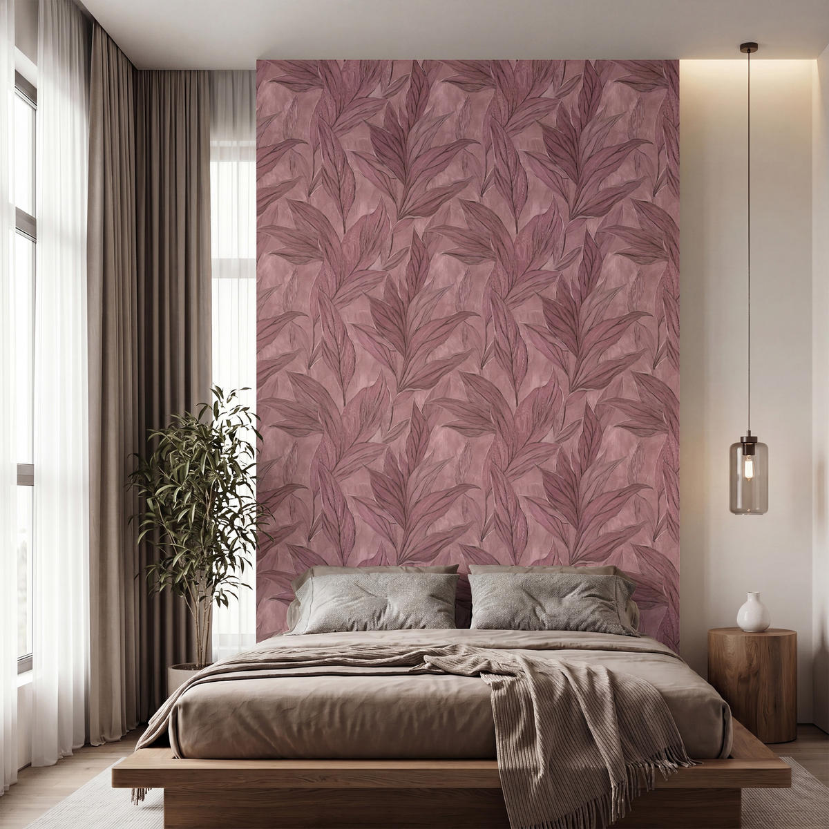 TAPETE - Blätter - Muster - Lila - 160x280 cm - Altrosa, Papier (160/280cm) - OnlyWow