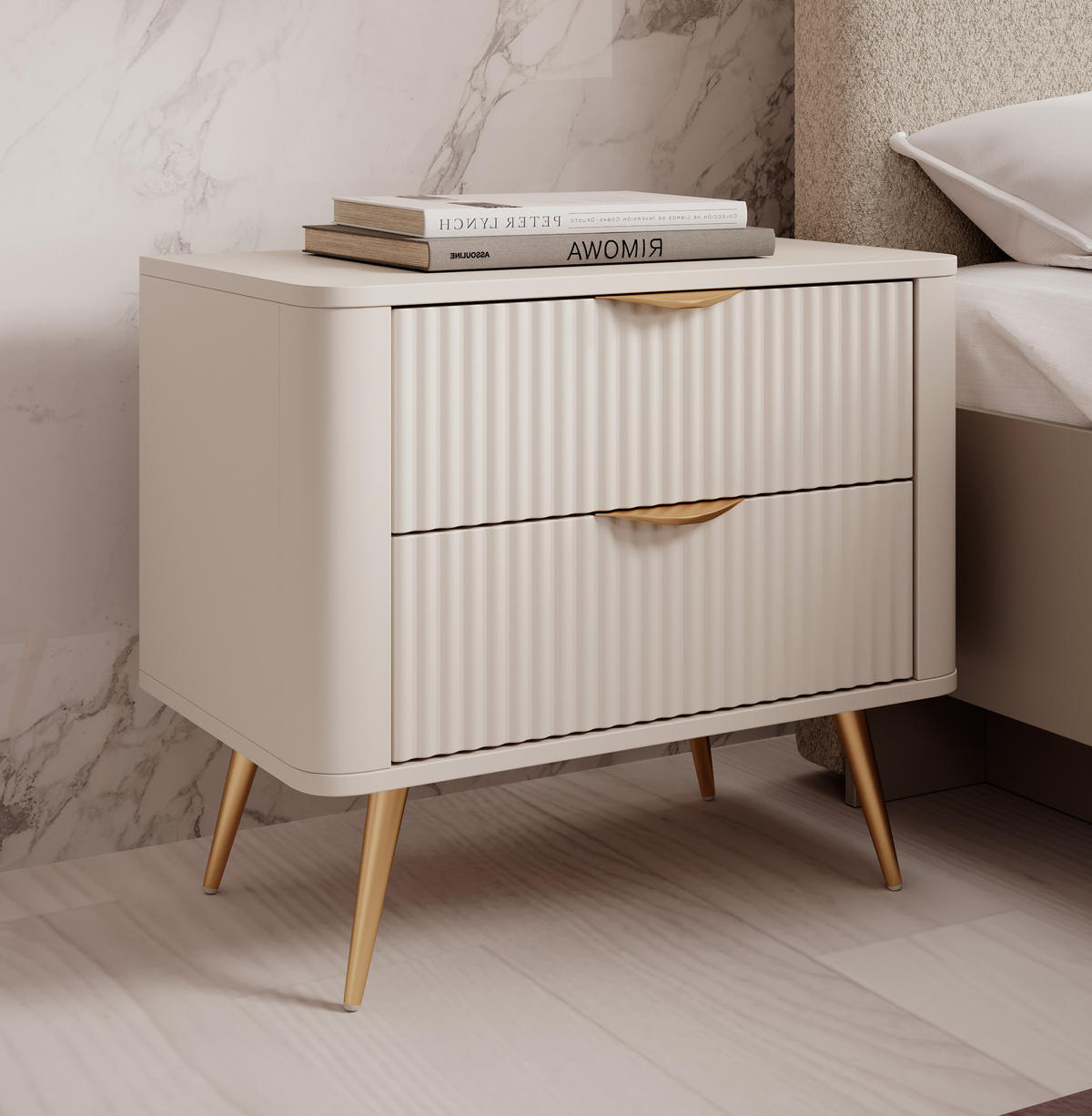 NACHTTISCH Vespasia 2S Beige 63,2/55,3/38 cm – Geriffelten Fronten - Beige/Goldfarben, Holzwerkstoff/Metall (63.2/55.3/38cm) - AX Living