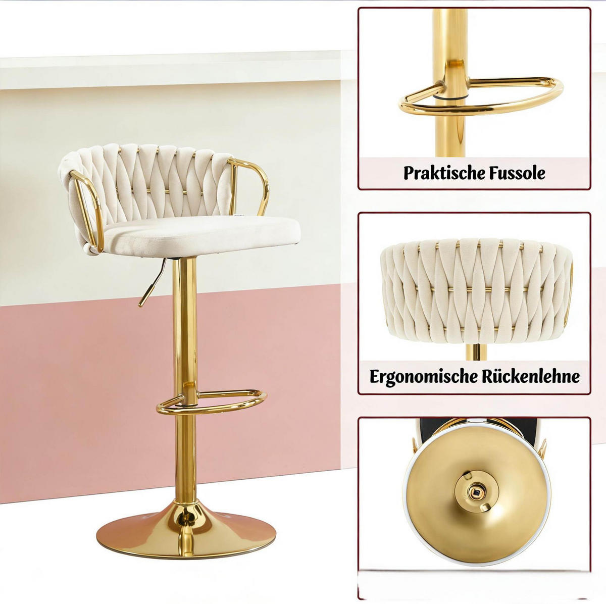 BARHOCKER drehbar höhenverstellbar Samt Cremeweiß - Weiß, Metall (49.5/98/50.5cm) - Meubliv
