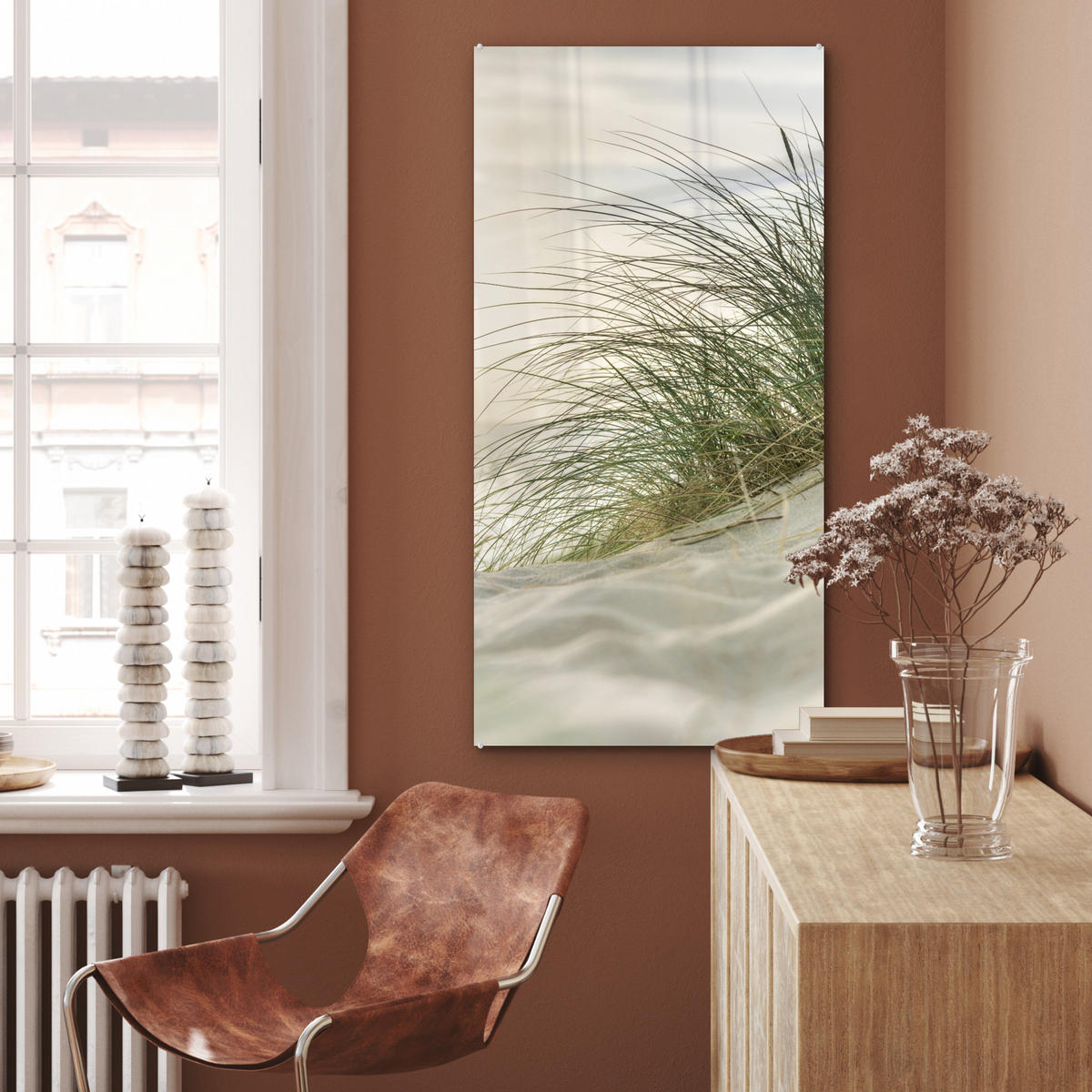 OBRAZ NA AKRYLOVOM SKLE Duny s marramovou trávou pod slnkom nemeckého národného parku Schleswig-Holsteinisches Wattenmeer 60x120 cm - krémová, sklo (60/120cm) - MuchoWow