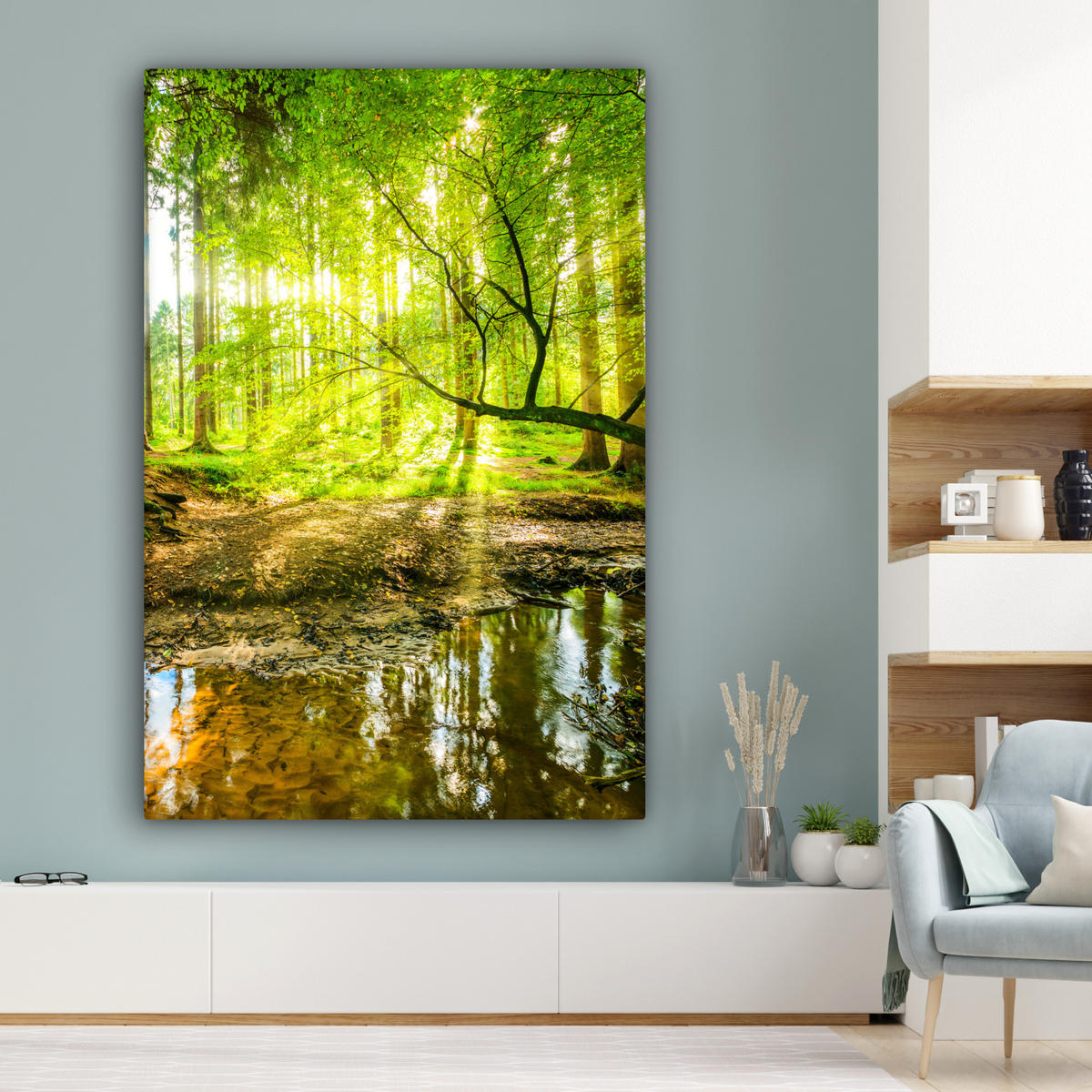 LEINWANDBILD Wald - Landschaft - Wasser - Bäume - Sonne - Grün - Natur Deko Groß 90x140 cm - Grün, Textil (90/140cm) - MuchoWow