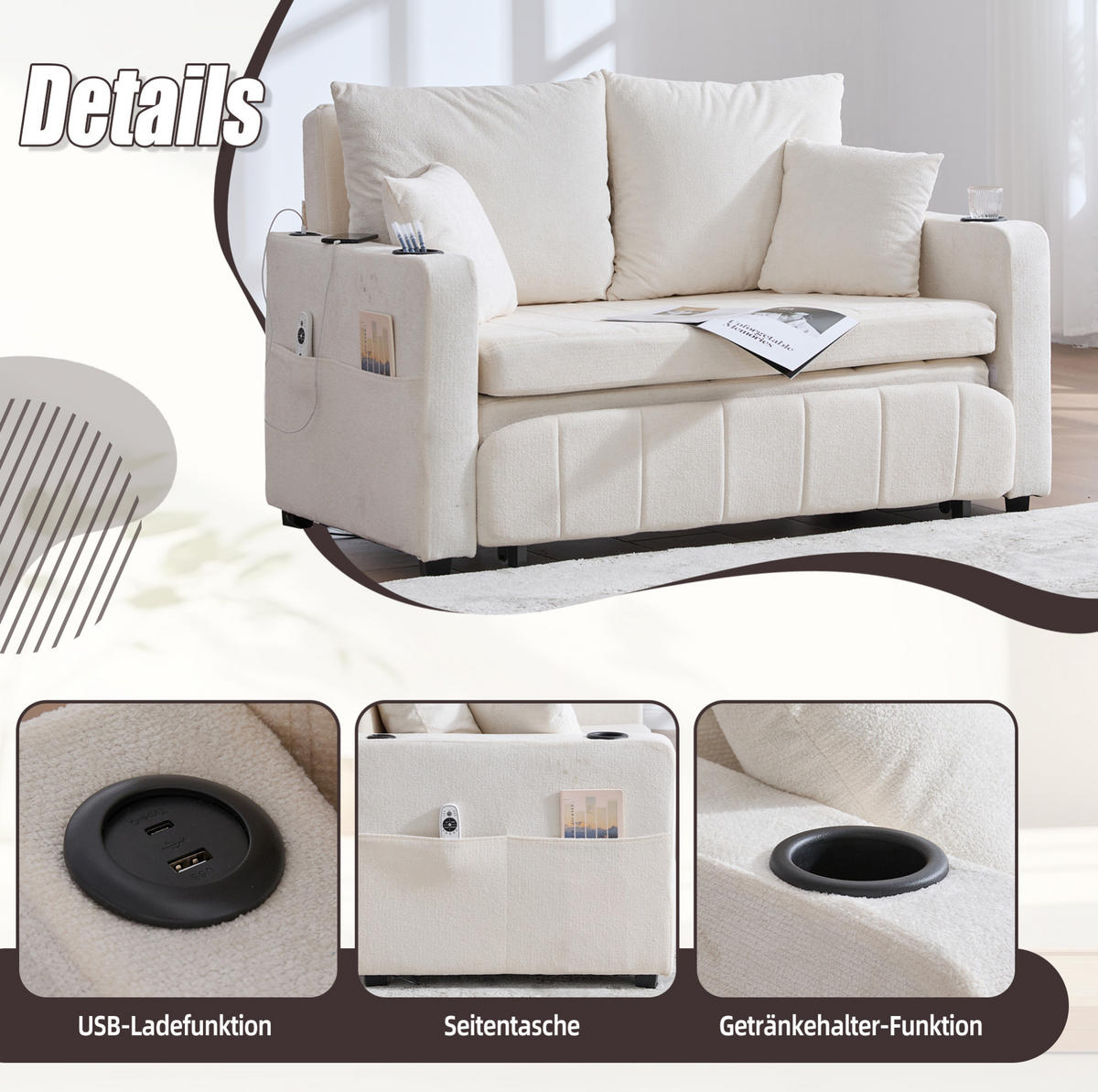 SCHLAFSOFA 139/83/58 cm ausziehbar mit Bettfunktion, Armlehnentaschen und Chenille-Bezug, Beige - Beige, Textil (139/83/73cm) - Redom