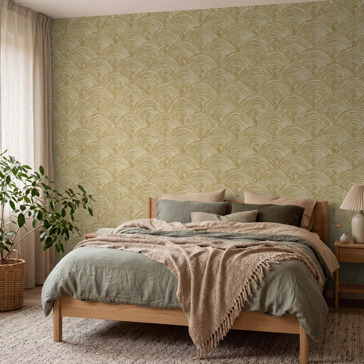 TAPETE - Fächer - Geometrisch - Grün - 350x280 cm - Goldfarben, Papier (350/280cm) - OnlyWow