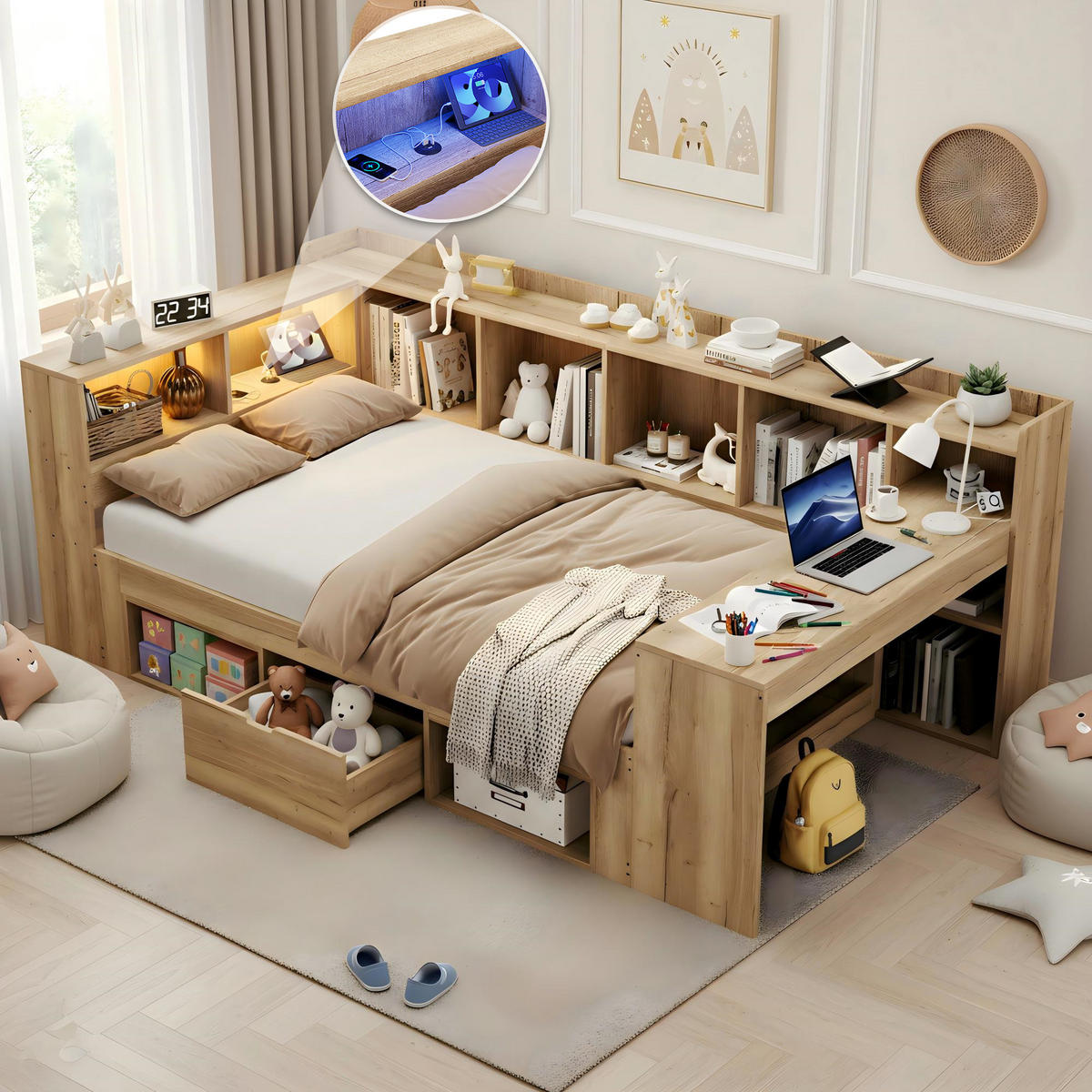 KINDEREINZELBETTEN aus MDF in Natur mit LED-Beleuchtung, USB/Type-C & Schreibtisch - Naturfarben, Holzwerkstoff (90/200cm) - Modfu