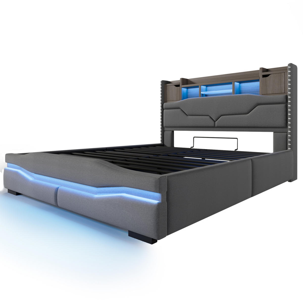 POLSTERBETT 160/200 cm mit LED-Beleuchtung, USB-C/USB-Anschluss, hydraulischem Bettkasten und Stauraum-Kopfteil, Grau - Grau, Textil (160/200cm) - Redom