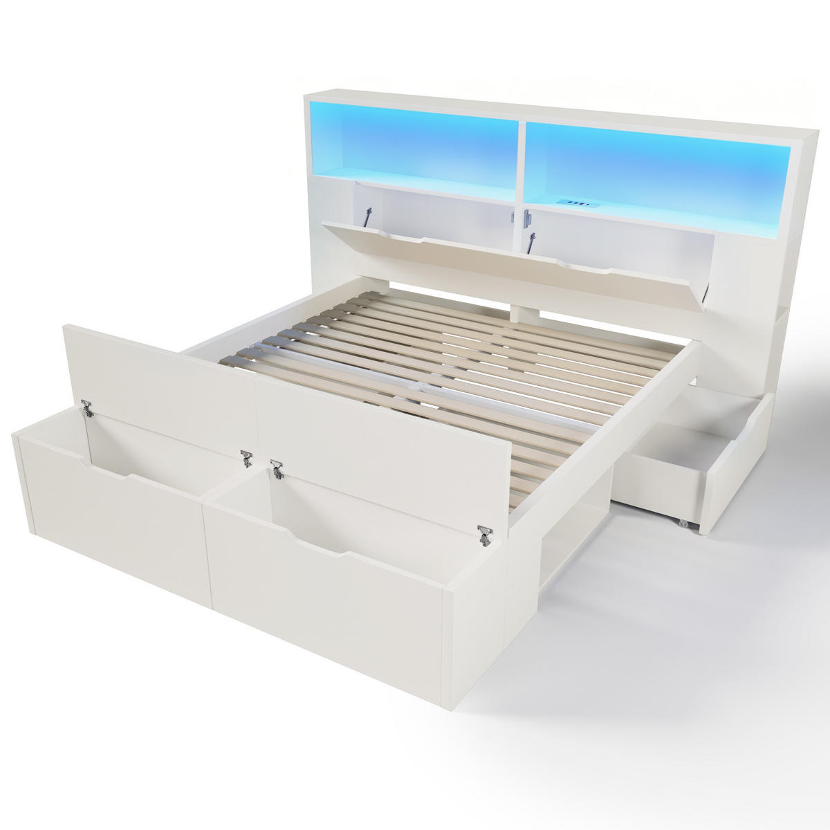 HOLZBETT 140/200 cm mit LED-Beleuchtung, USB-C/USB-Anschlüssen, Stauraum, Bettbank und Schubladen, Weiß - Weiß, Holzwerkstoff (140/200cm) - Redom