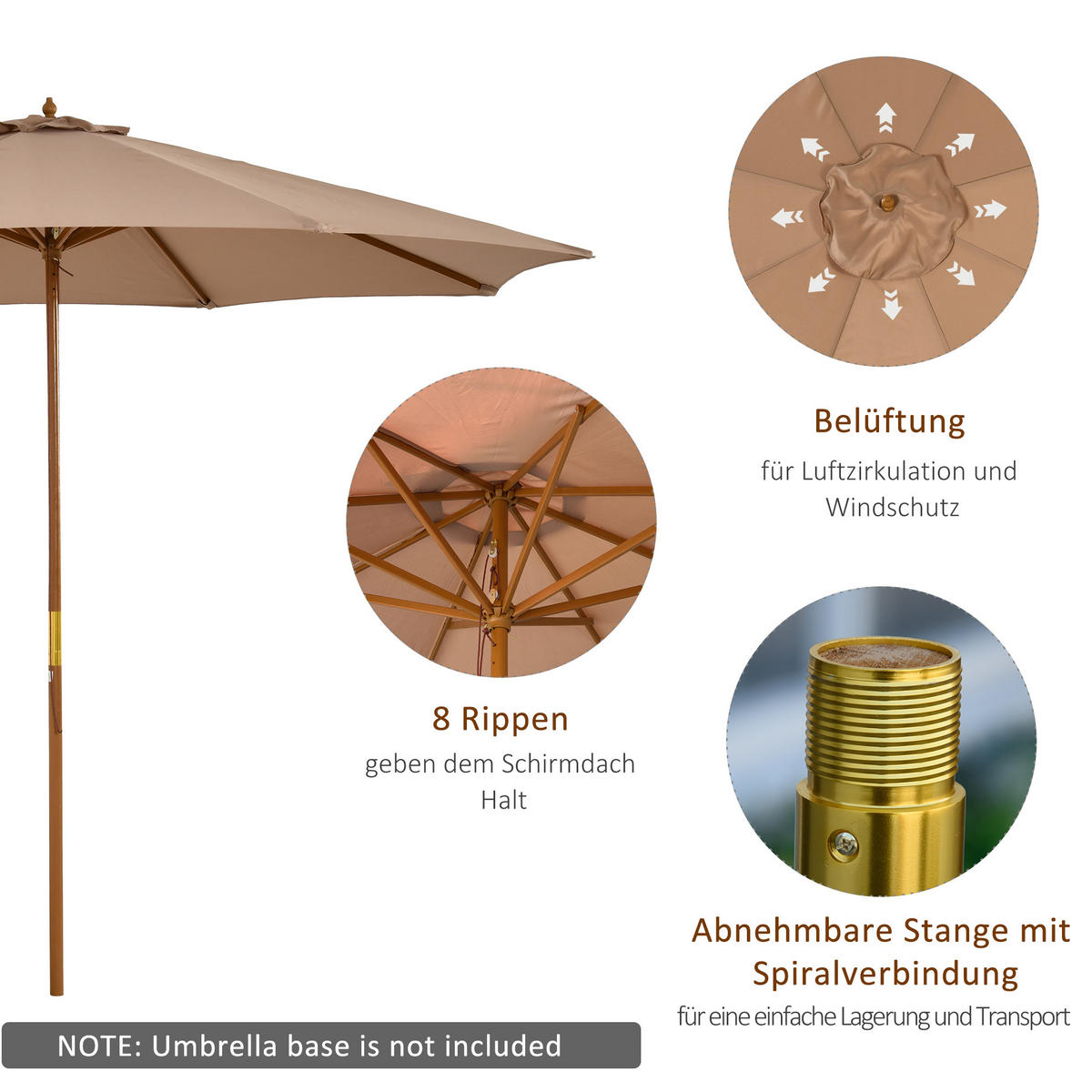 SONNENSCHIRM, Bambus, Polyester, Khaki - Braun, Naturmaterialien/Holz (300/300cm) - Outsunny