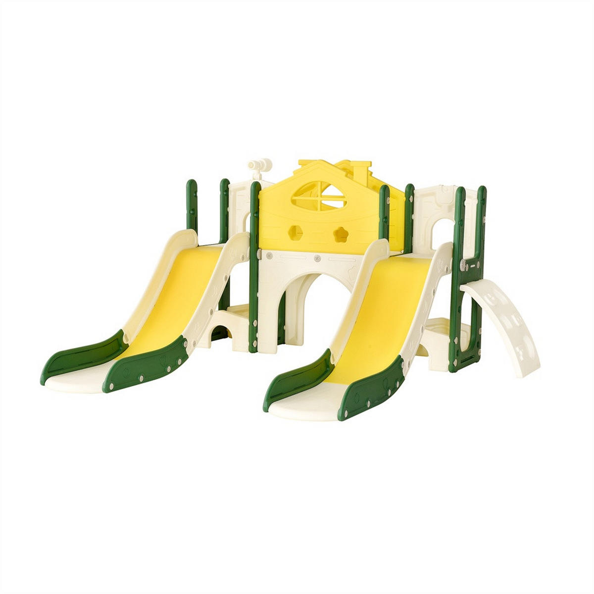 DOPPELRUTSCHE für Kinder mit Klettergerüst, Kletterwand, Spieltunnel und Teleskop - Indoor & Outdoor Spielplatz - Multicolor, Kunststoff (166/96.5/203cm) - DELFA