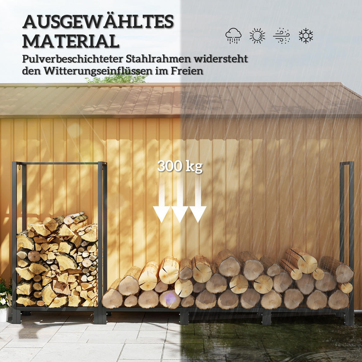 KAMINHOLZREGAL bis 300 kg - Schwarz, Metall (32/115/240cm) - Outsunny