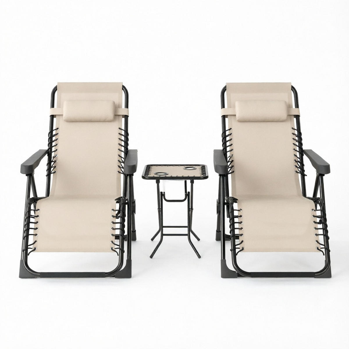 GARTENMÖBEL,2 Liegestühle+1 Tisch - Beige, Metall - Vallsero