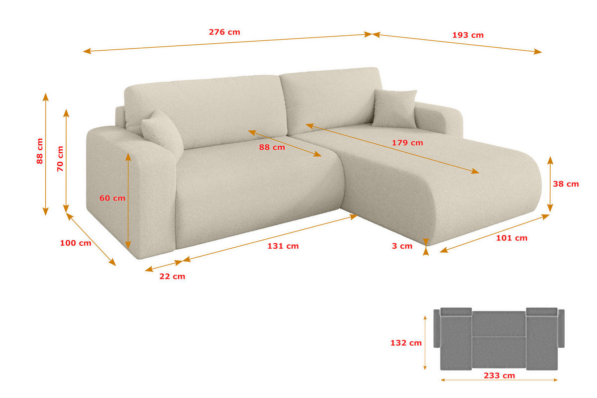 ROHOVÁ SEDAČKA s funkcí spaní, otoman vpravo BERY-L 276x193x88 béžová bouclé - černá/písková barva, kompozitní dřevo/textil (276/193cm) - ALTDECOR