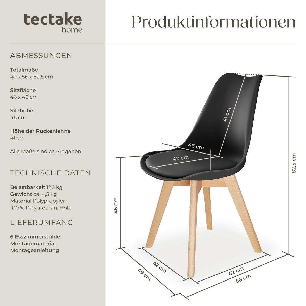 ESSZIMMERSTUHL 6er Set Friederike 49 x 56 x 82,5 cm schwarz - Schwarz, Textil (49/82.5/56cm) - tectake