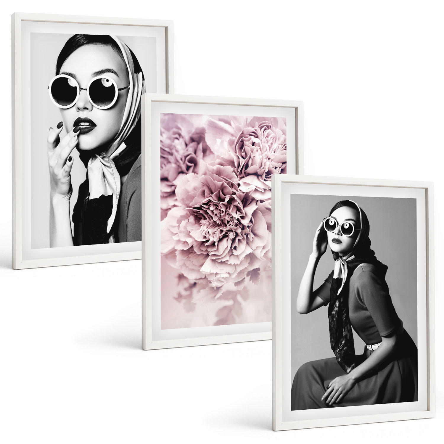 BILDER SET 3er Set - 40x60 cm Weißer Rahmen - Stilvolle Porträts von Frauen mit Blumen - Weiß, Kunststoff (40/60cm) - TULUP