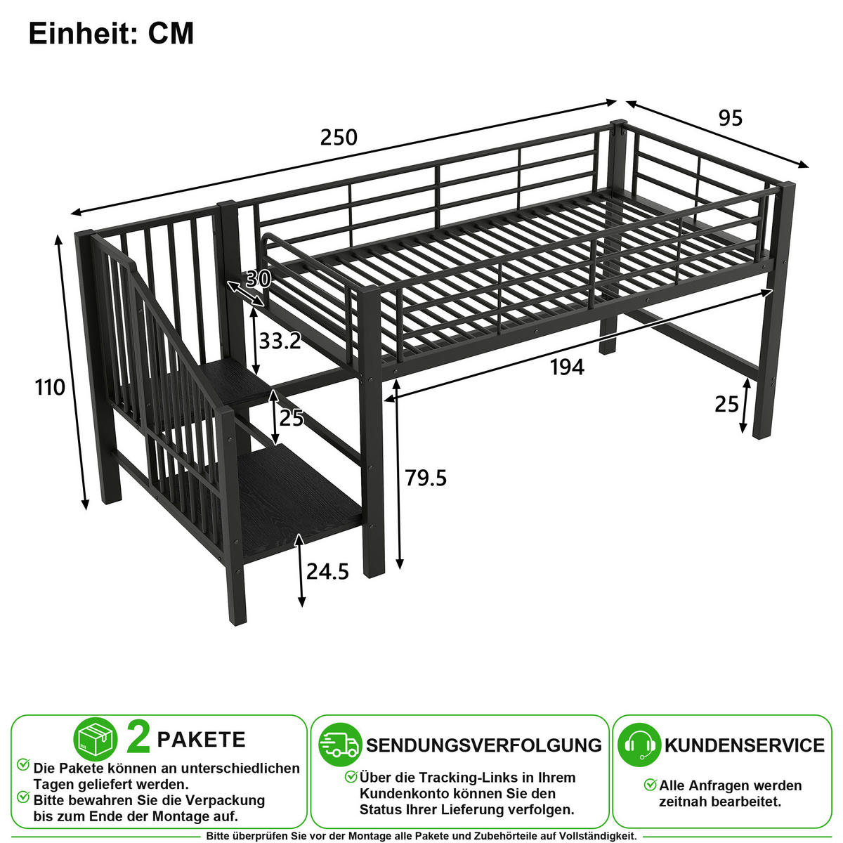 VYVÝŠENÁ POSTEL 90/200 cm v černé barvě se schůdky s úložným prostorem - černá, kov/kompozitní dřevo (90/200cm) - CHICFURN