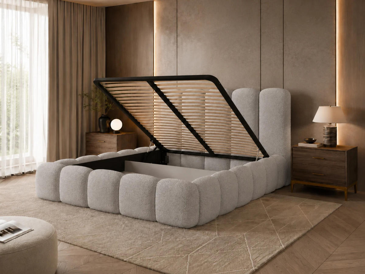 POLSTERBETT TEDDY 140x200 cm in Grau mit Metalllattenrost, Bettkasten, gepolstertes Kopfteil Bouclé-Stoff - Grau, Holz/Textil (140/200cm) - EMLAR Home