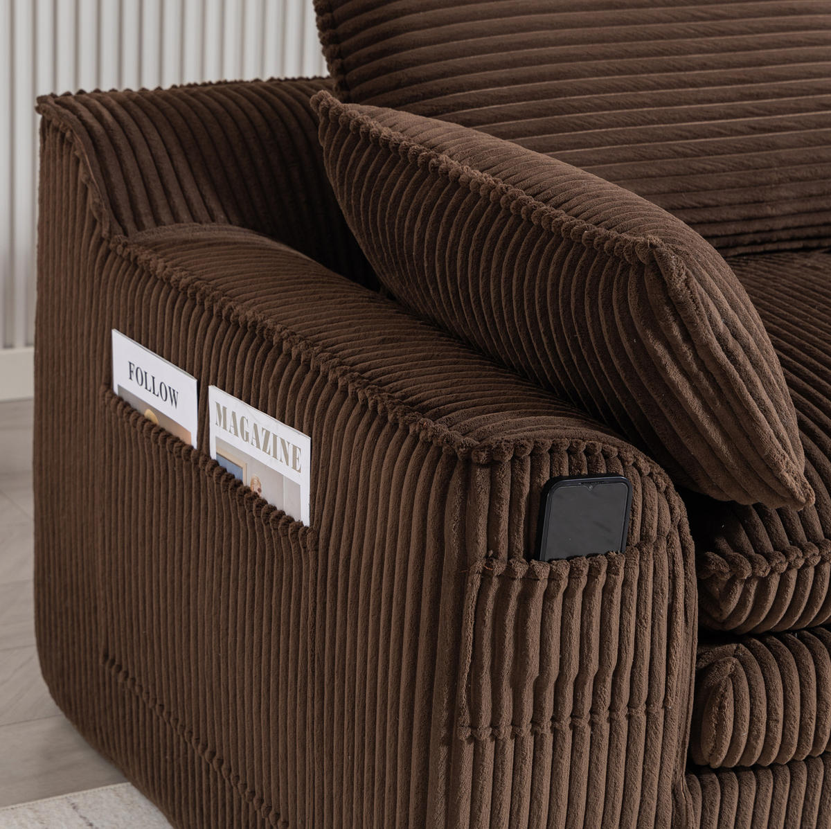 2-SITZER Sofa aus Cord 191x94x85 cm Braun mit Seitentaschen, Kissen und Federkern für hohen Sitzkomfort - Braun, Textil (191/85/94cm) - Modfu