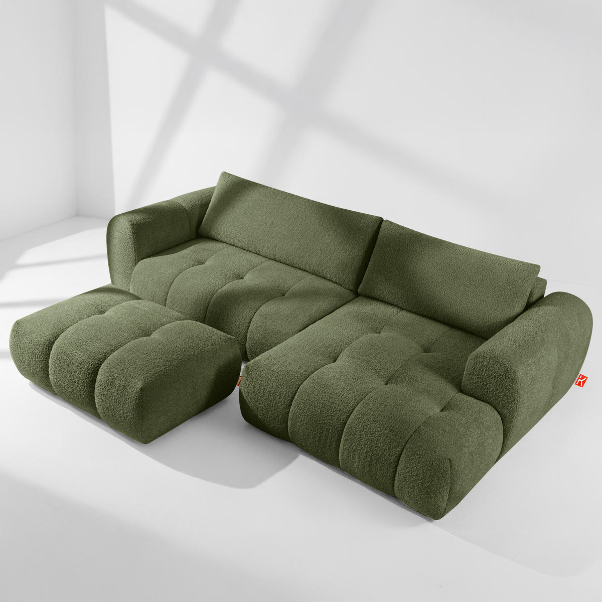 ECKSOFA MIT HOCKER LIRA, Olivgrün, Bouclé - Olivgrün, Holz/Holzwerkstoff (96/50cm) - KONSIMO®