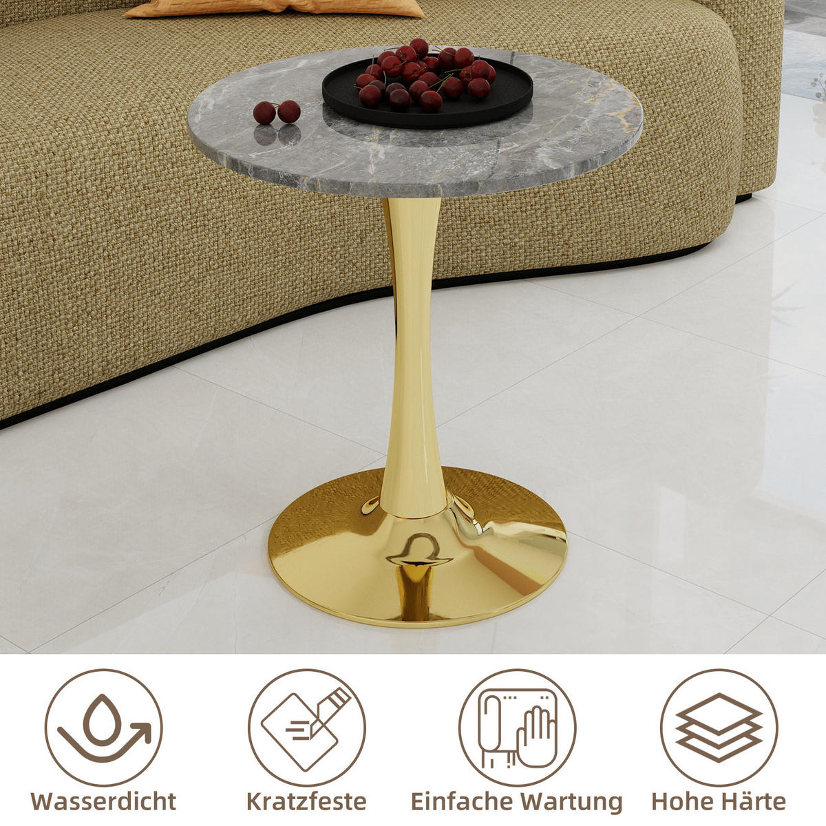 COUCHTISCH 70,1 cm in Gold aus Kunstmarmor–rund und vielseitig - Goldfarben, Stein (70/70/72cm) - Flora Grace