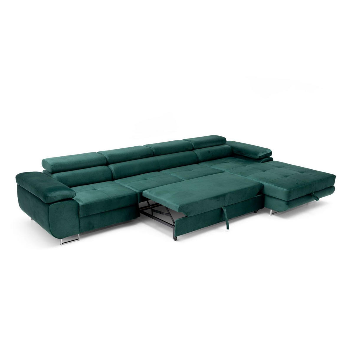 ECKSOFA ALONZO MAXI Rechts mit Schlaffunktion 125x195 Velours Grün - Silberfarben/Grün, Holz/Textil (203/350cm) - Muffo