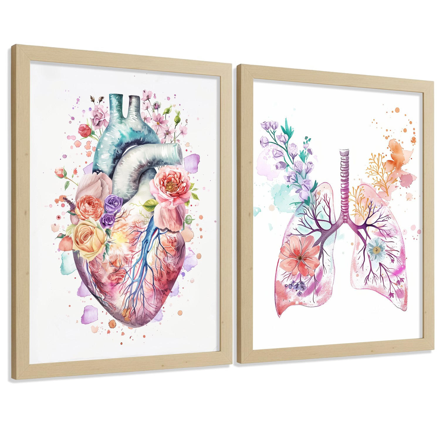 POSTER Set aus 2 Anatomie Mensch Drucke und Wandbilder mit Herz und Atmungssystem Floraler Stil Wanddekoration Größe Leichter Holzrahmen A3 - Beige, Papier (29.7/42/3cm) - Nacnic