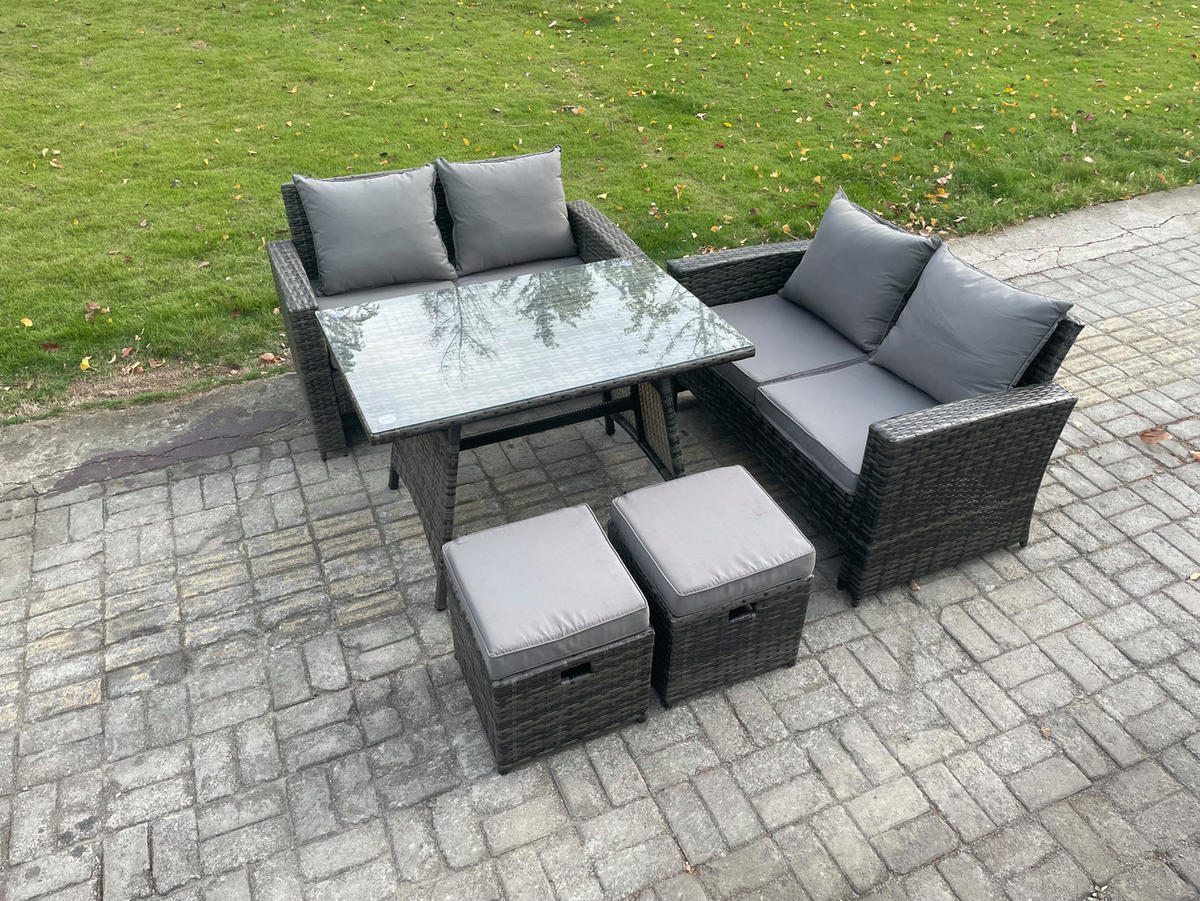 GARTENMÖBELSET mit ESSTISCH,HOCHLEHNER-SOFA Polyrattan Dunkelgrauer Mix 6-Sitzer - Dunkelgrau/Grau, Glas/Kunststoff - Fimous